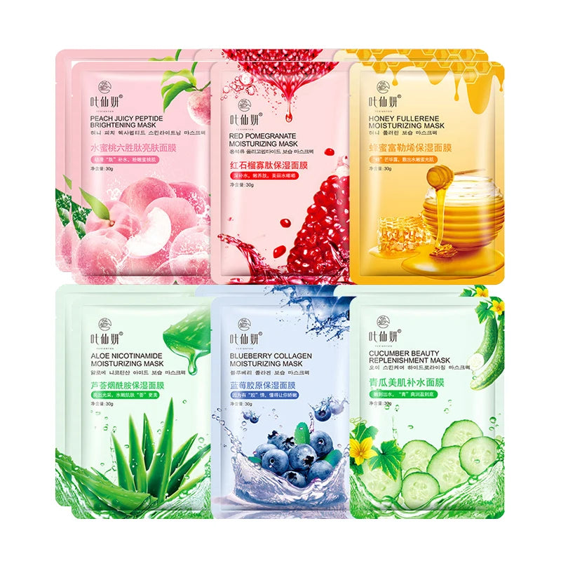 12 Pieces Blueberry Facial Masks Aloe Cucumber Peach Fresh Fruit Moisturizing Face Mask Sheets Facial Skin Care